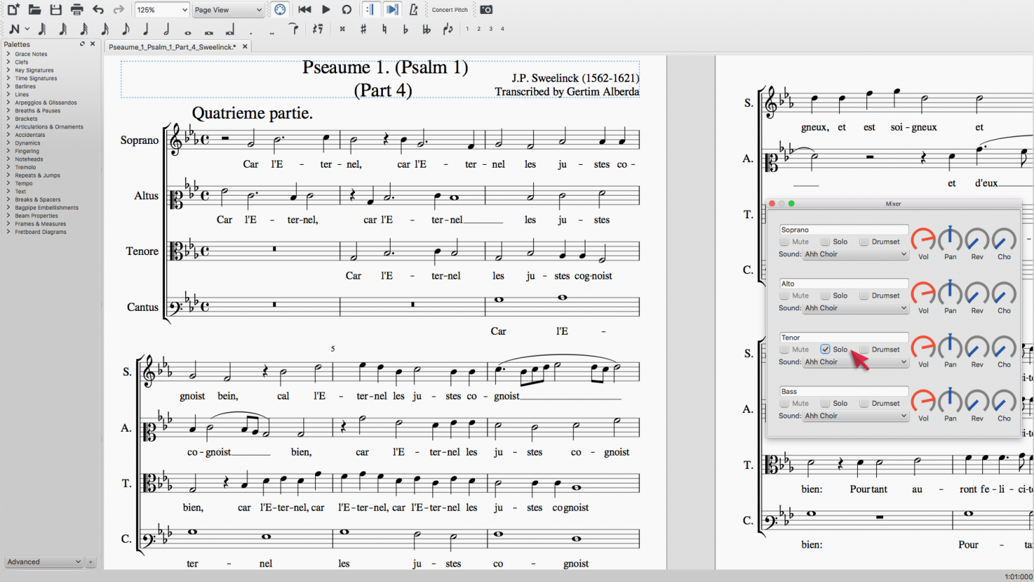 Soloing a part and silencing other voices using MuseScore's mixer