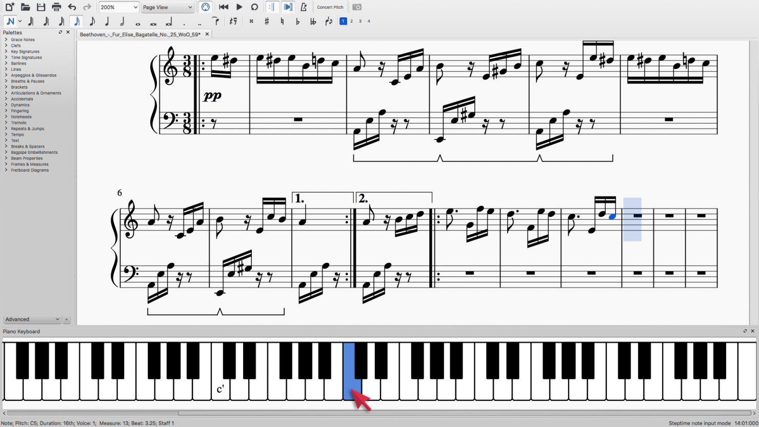 Entrada de notas en MuseScore con piano en pantalla