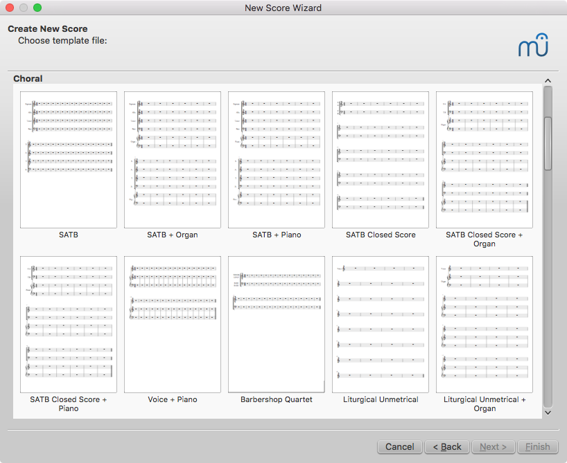 Chorale Vorlagen in MuseScores Neue Partitur Assistent