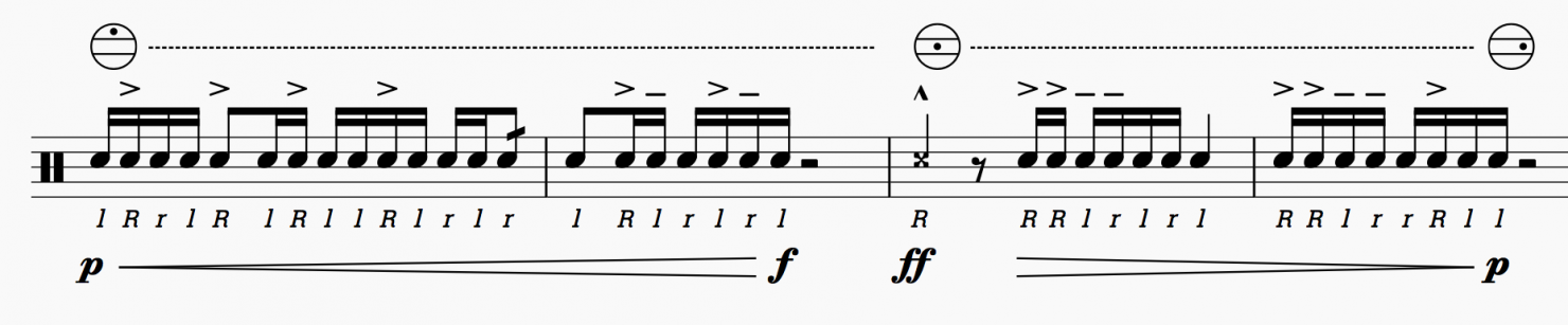 Отрывок из нот для marching snare иллюстрирующий пиктограммы в нотах